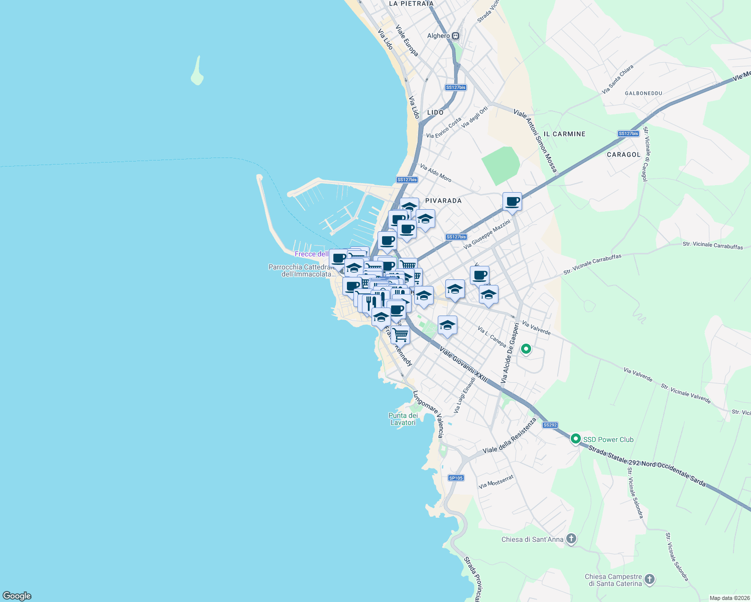 map of restaurants, bars, coffee shops, grocery stores, and more near 38 Via Sassari in Alghero