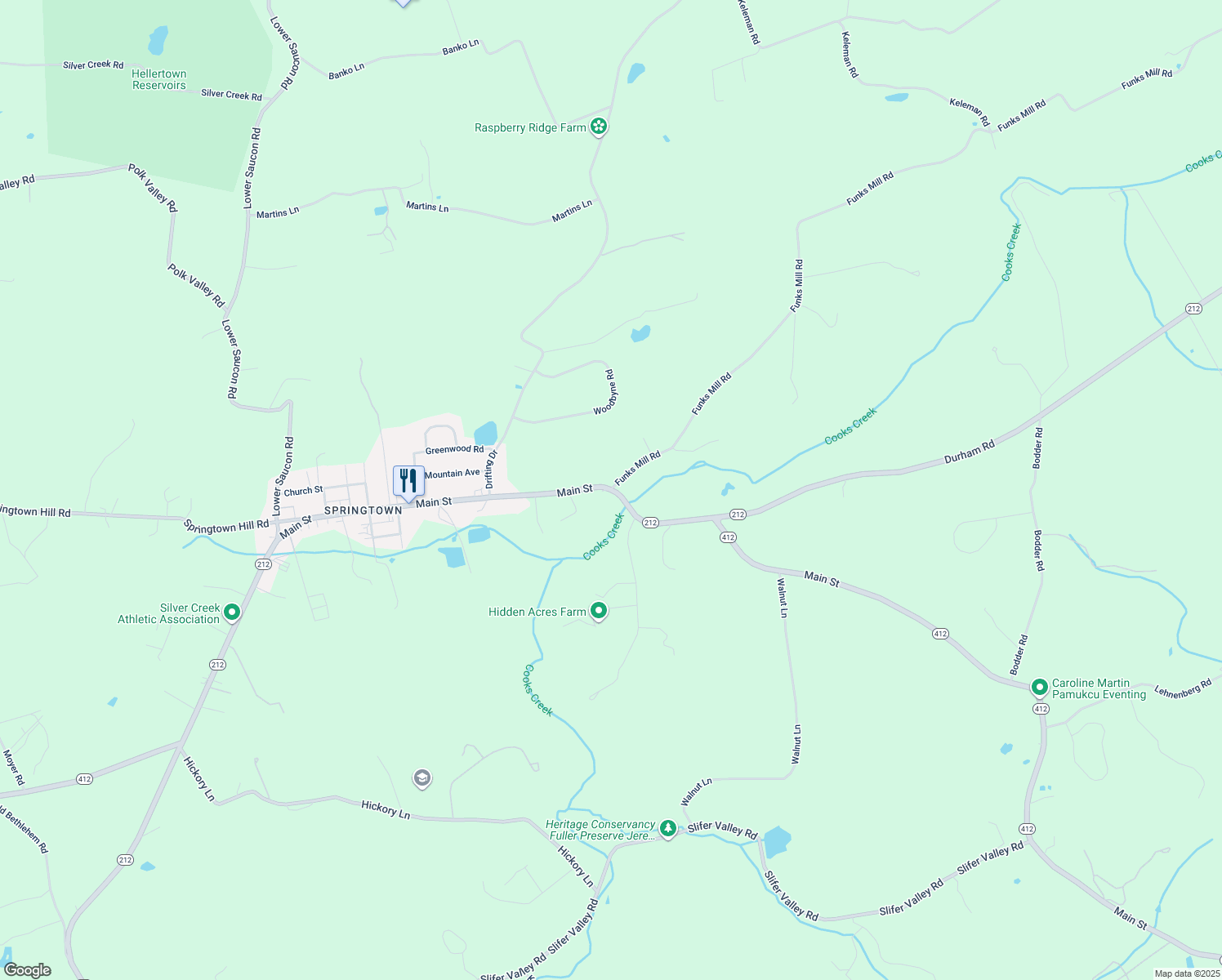 map of restaurants, bars, coffee shops, grocery stores, and more near 5235 Route 212 in Riegelsville