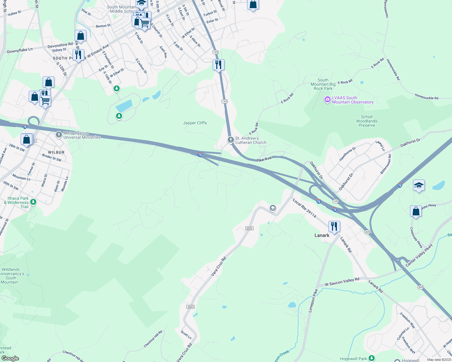 map of restaurants, bars, coffee shops, grocery stores, and more near 2723 Brentwood Drive in Coopersburg