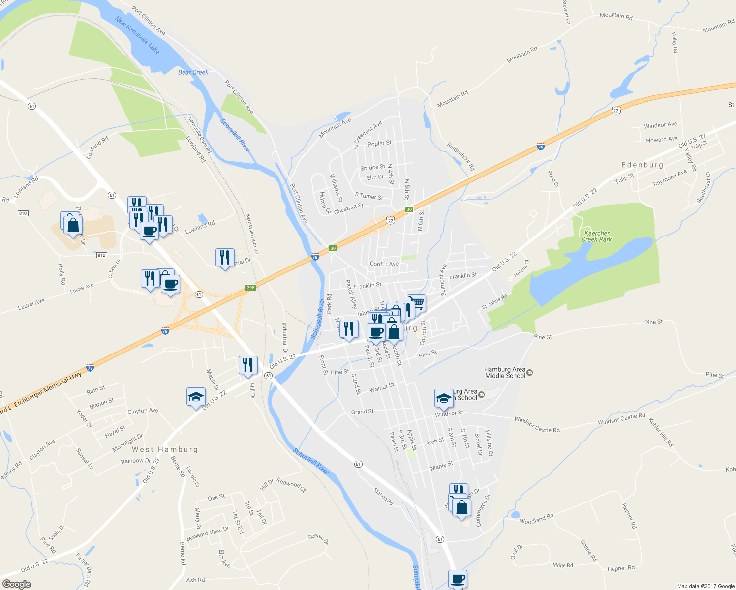 map of restaurants, bars, coffee shops, grocery stores, and more near 147 North 3rd Street in Hamburg