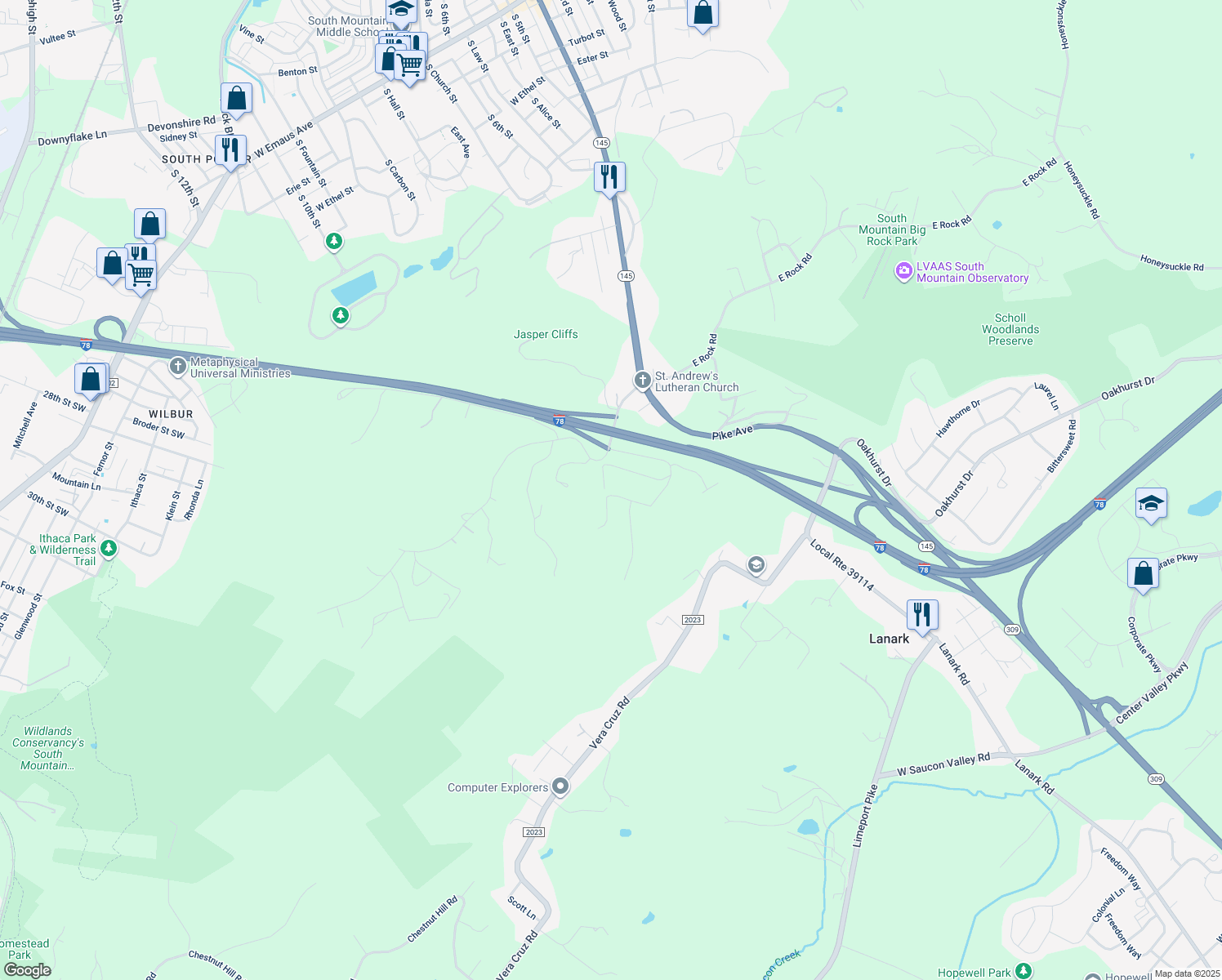 map of restaurants, bars, coffee shops, grocery stores, and more near 2658 Heckmans Lane in Coopersburg