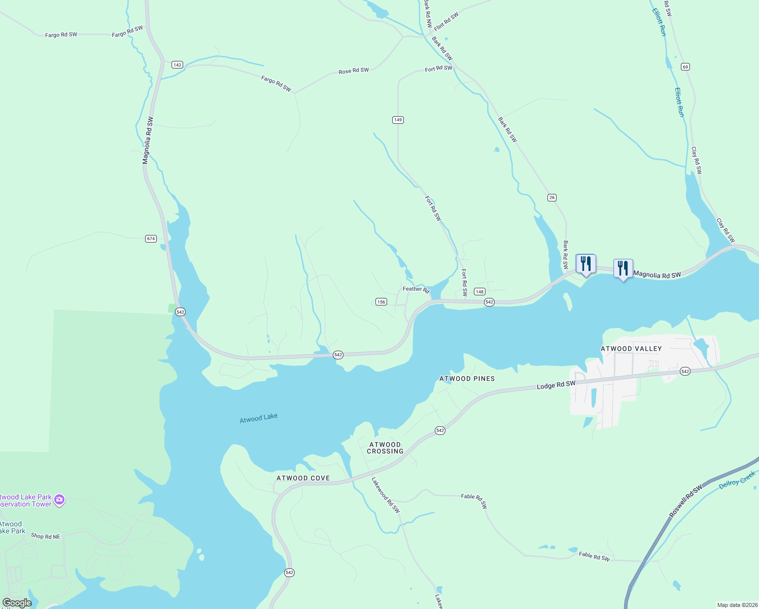 map of restaurants, bars, coffee shops, grocery stores, and more near 7149 Gopher Road Southwest in Dellroy