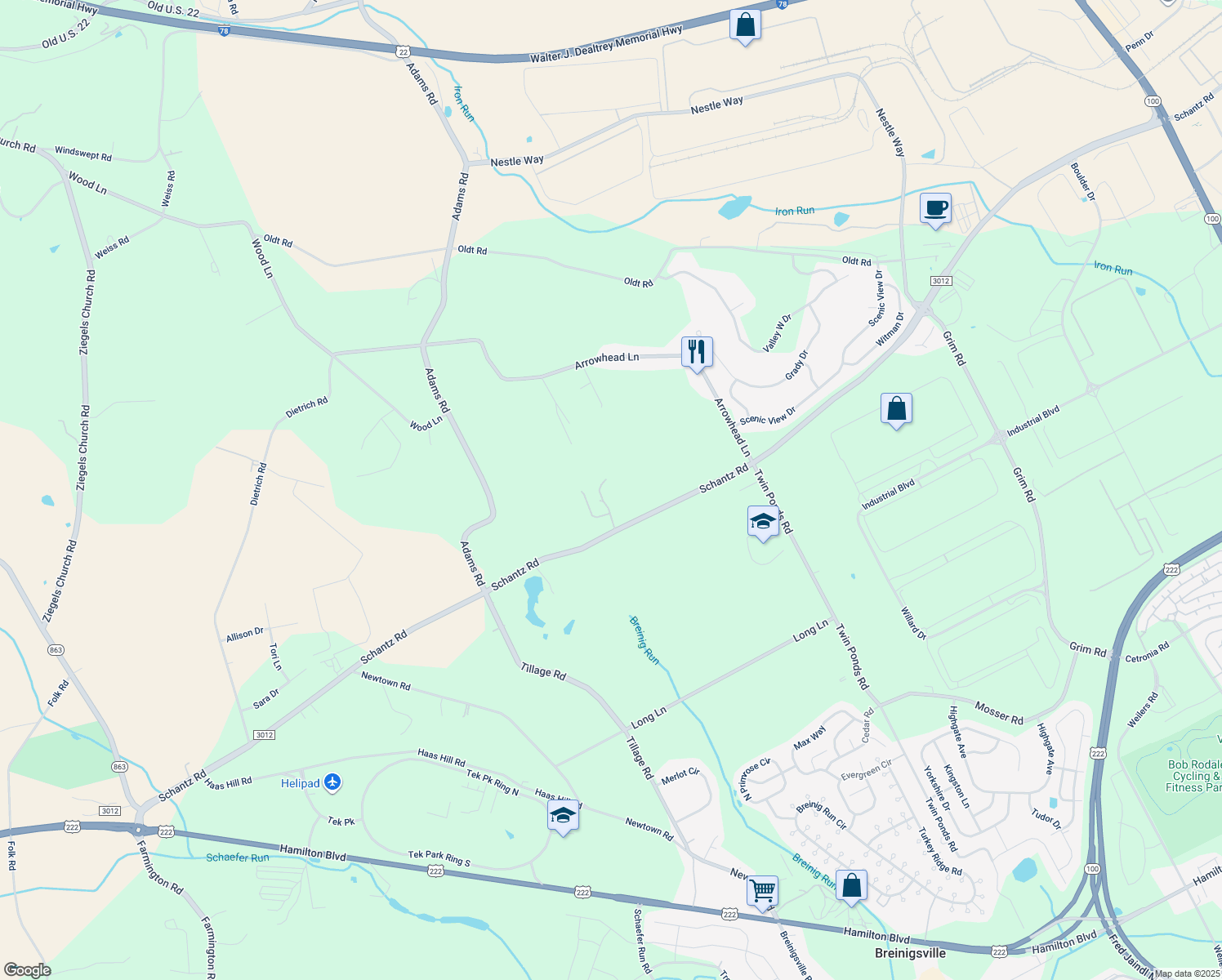 map of restaurants, bars, coffee shops, grocery stores, and more near 9245 Schantz Road in Breinigsville