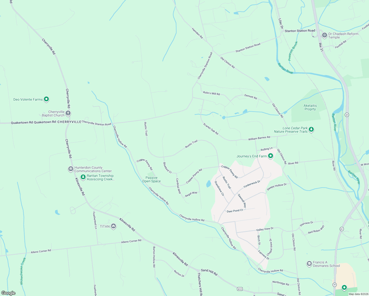 map of restaurants, bars, coffee shops, grocery stores, and more near 38 Rustic Trail in Flemington