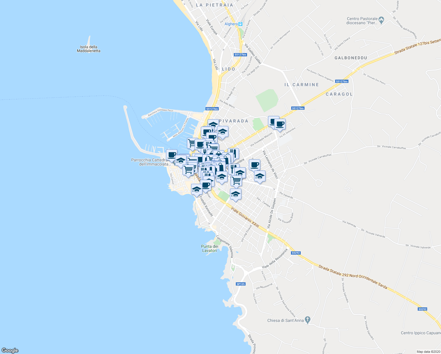 map of restaurants, bars, coffee shops, grocery stores, and more near in Alghero