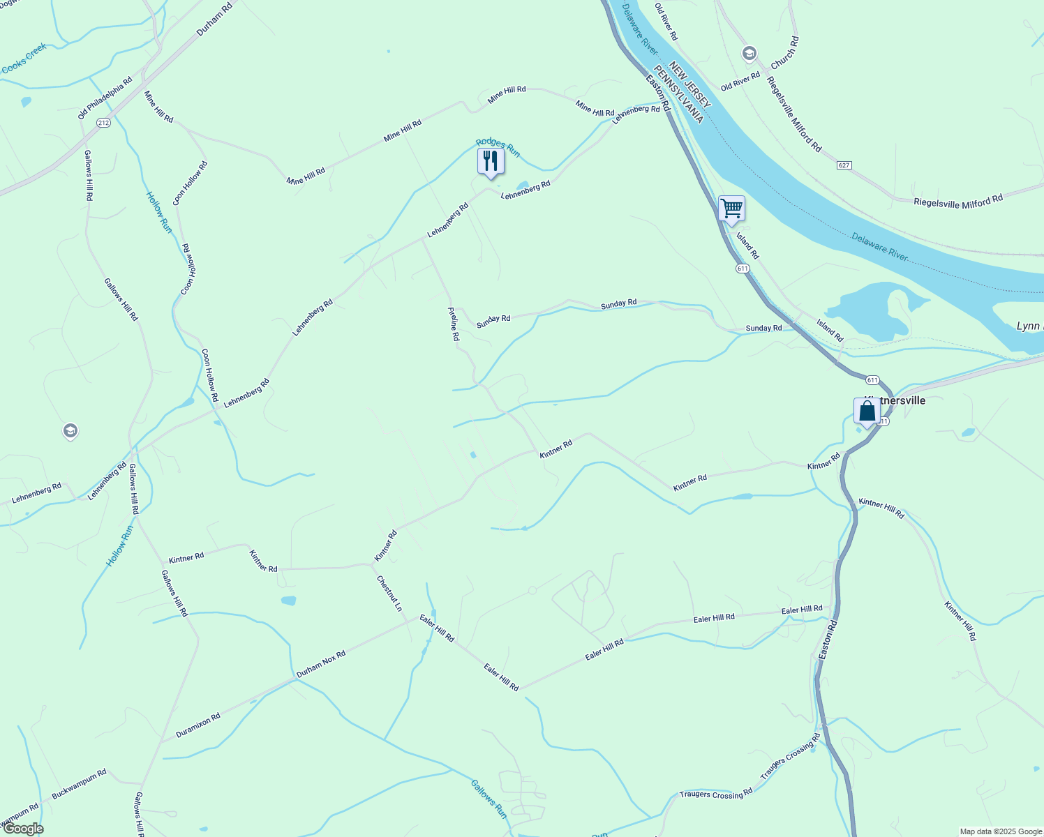 map of restaurants, bars, coffee shops, grocery stores, and more near 235 Fireline Road in Kintnersville