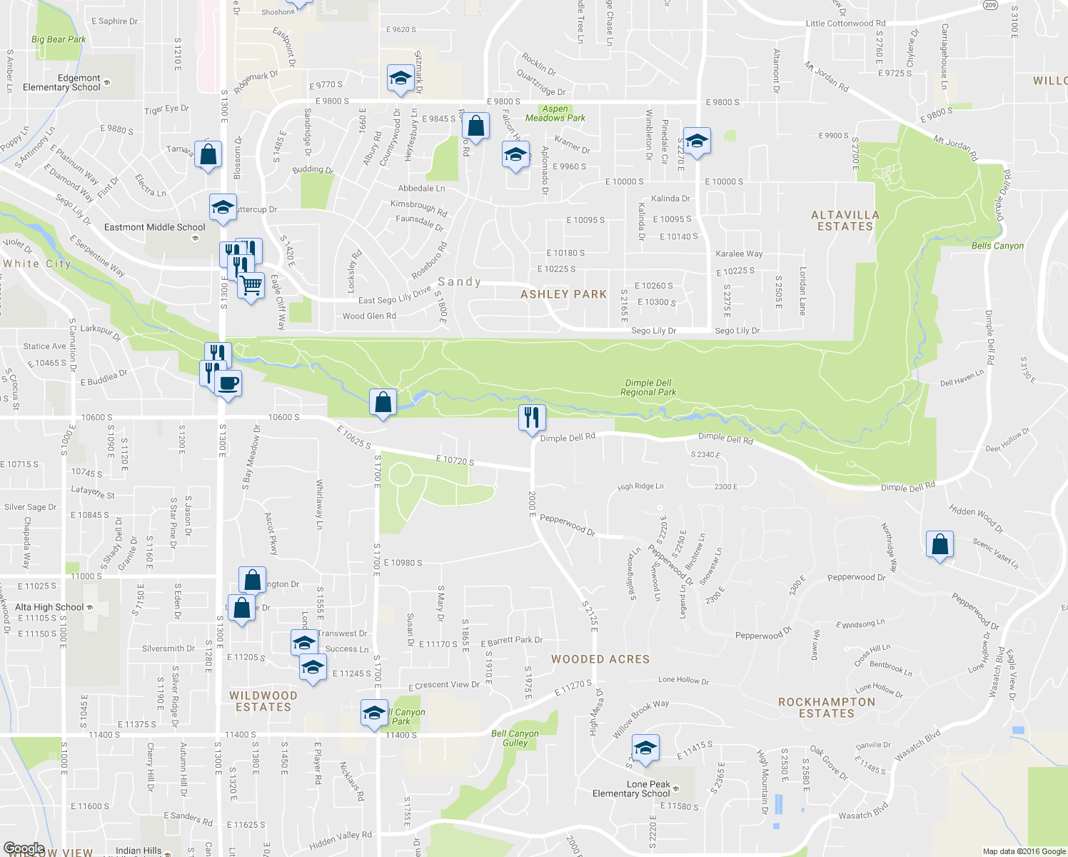 map of restaurants, bars, coffee shops, grocery stores, and more near 2015 Dimple Dell Road in Sandy