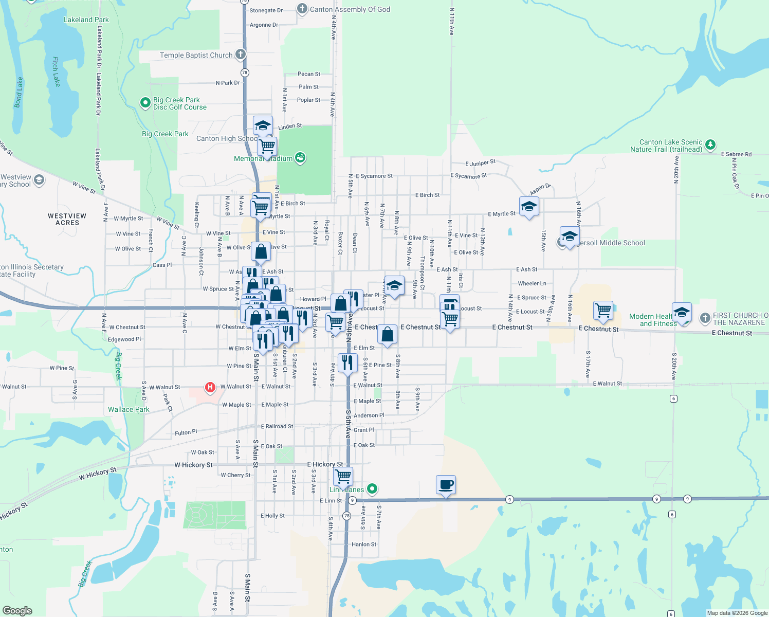 map of restaurants, bars, coffee shops, grocery stores, and more near 699 E Locust St in Canton