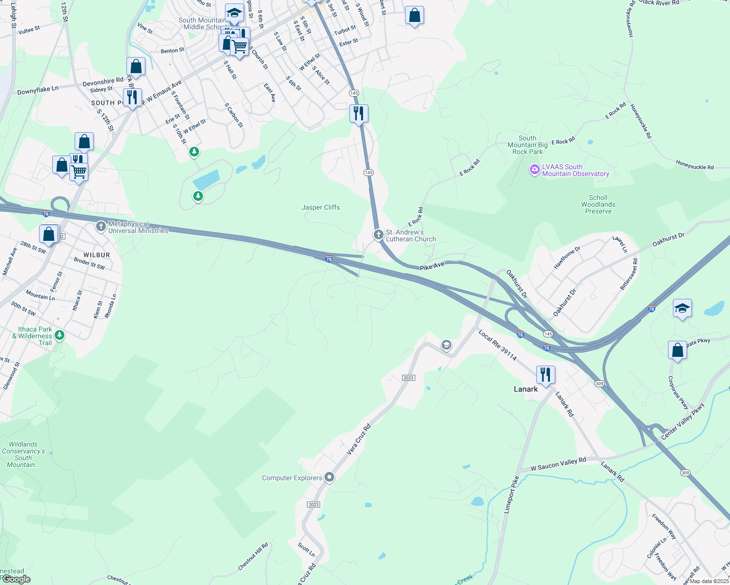 map of restaurants, bars, coffee shops, grocery stores, and more near 2658 Heckmans Lane in Coopersburg