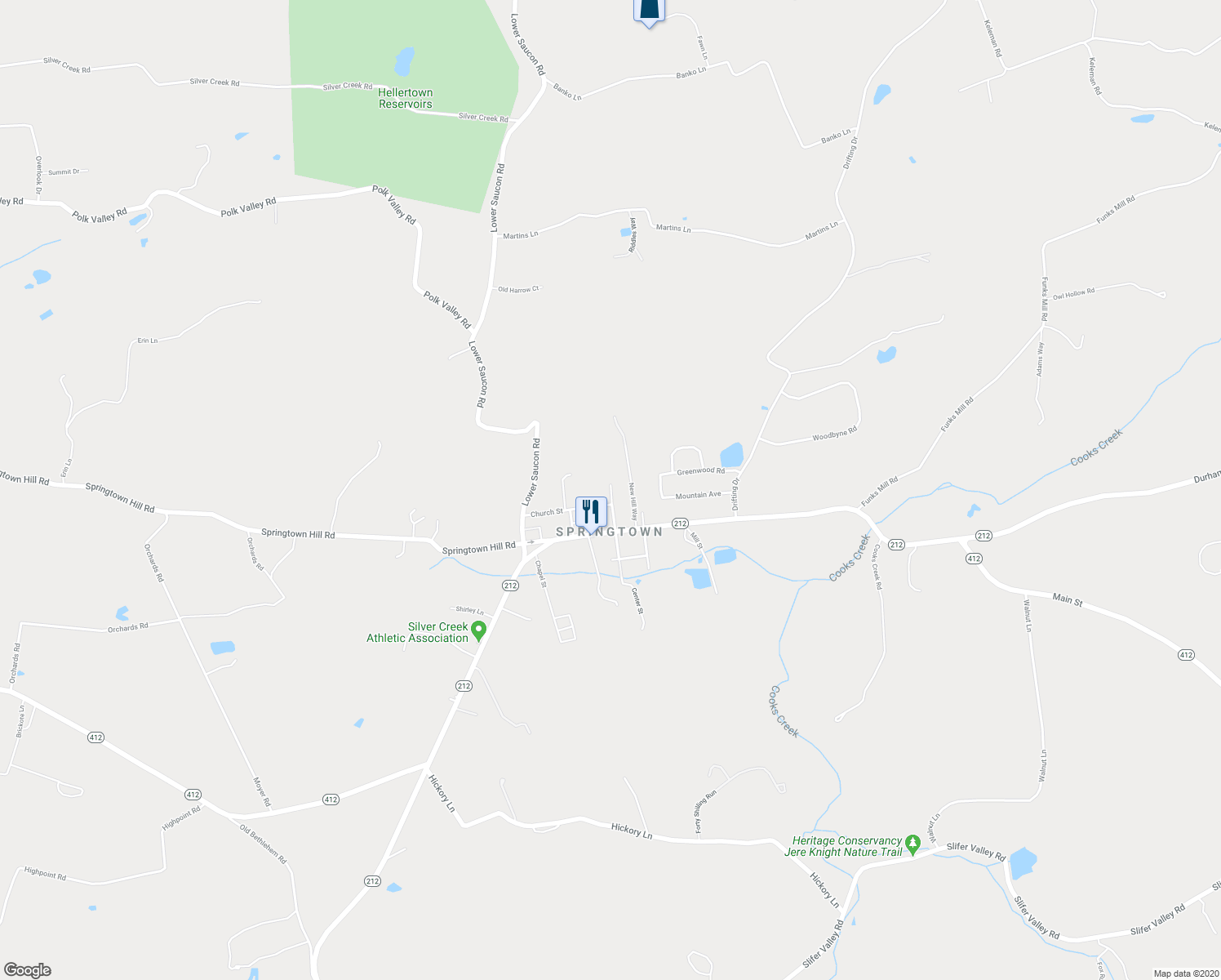 map of restaurants, bars, coffee shops, grocery stores, and more near 3045 Center St in Hellertown