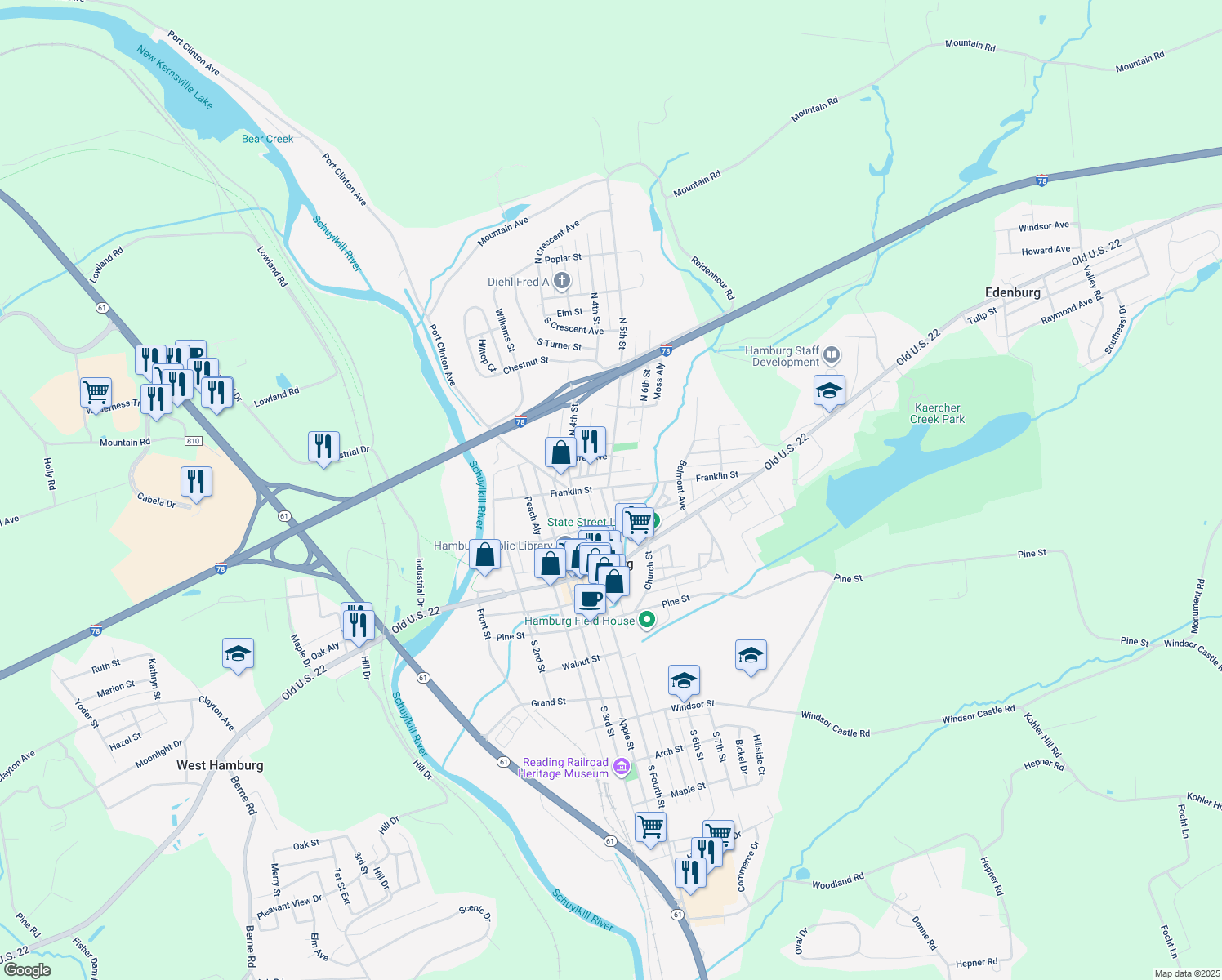 map of restaurants, bars, coffee shops, grocery stores, and more near 518 Franklin Street in Hamburg