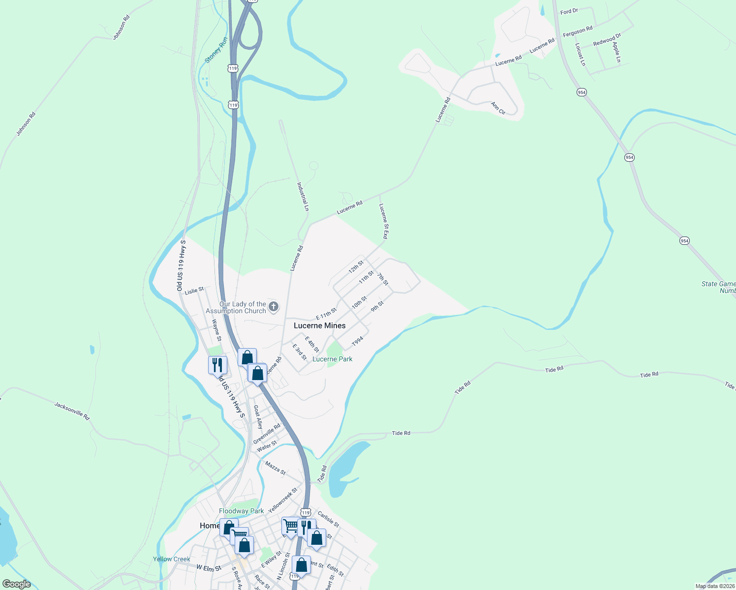 map of restaurants, bars, coffee shops, grocery stores, and more near 121 10th Street in Lucerne Mines
