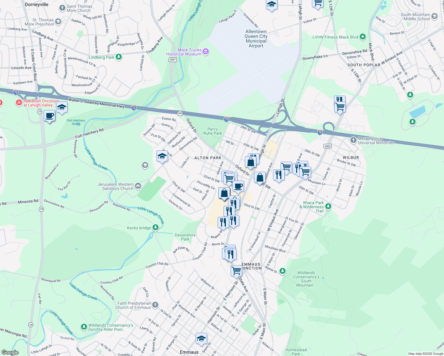 map of restaurants, bars, coffee shops, grocery stores, and more near 3131 Arcadia Ave in Allentown