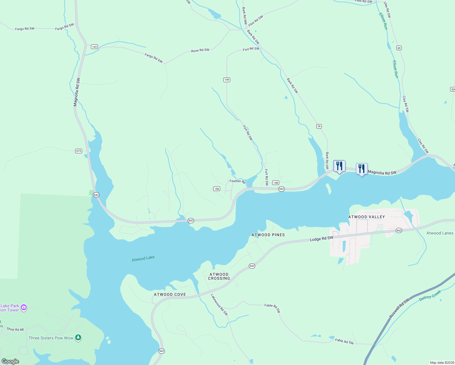 map of restaurants, bars, coffee shops, grocery stores, and more near 1102 Fiesta Road Southwest in Dellroy