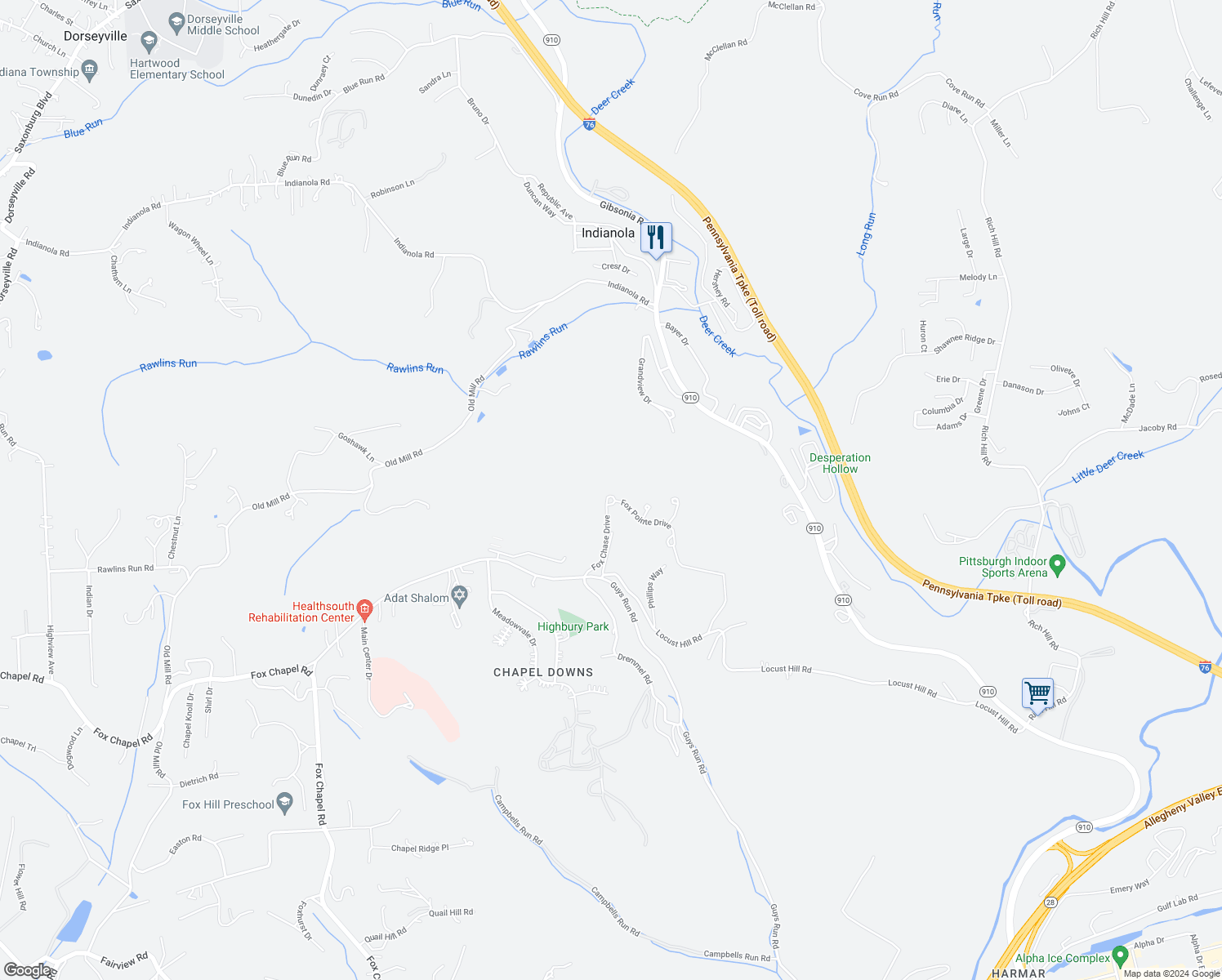 map of restaurants, bars, coffee shops, grocery stores, and more near 1000 Fox Chase Drive in Cheswick