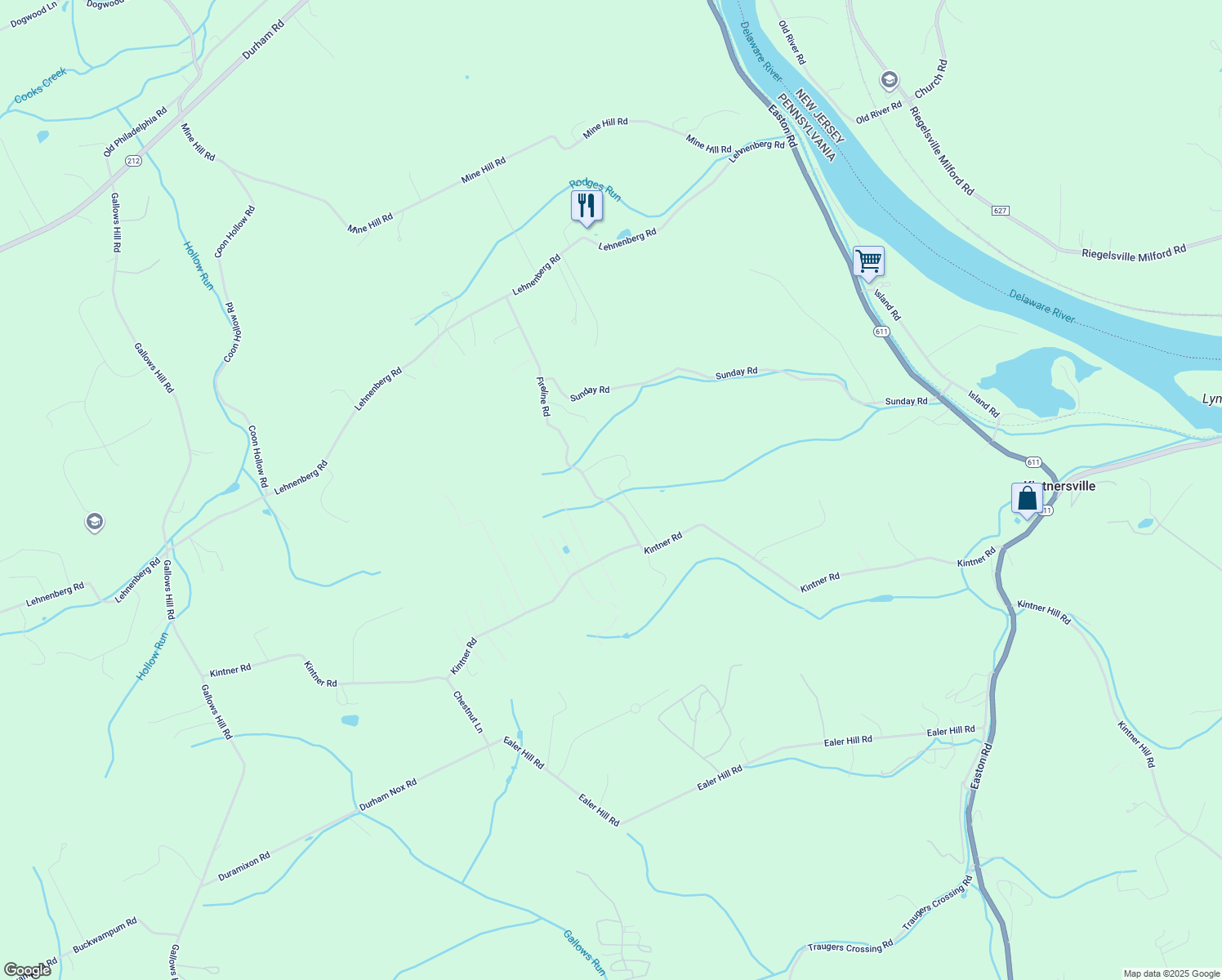 map of restaurants, bars, coffee shops, grocery stores, and more near 235 Fireline Road in Kintnersville