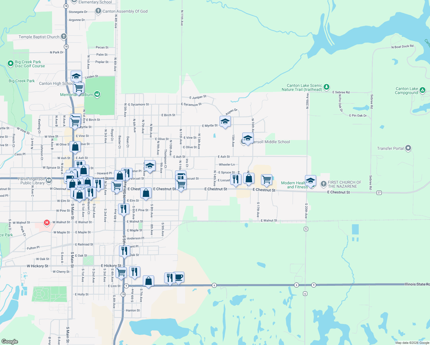 map of restaurants, bars, coffee shops, grocery stores, and more near 277 N 14th Ave in Canton