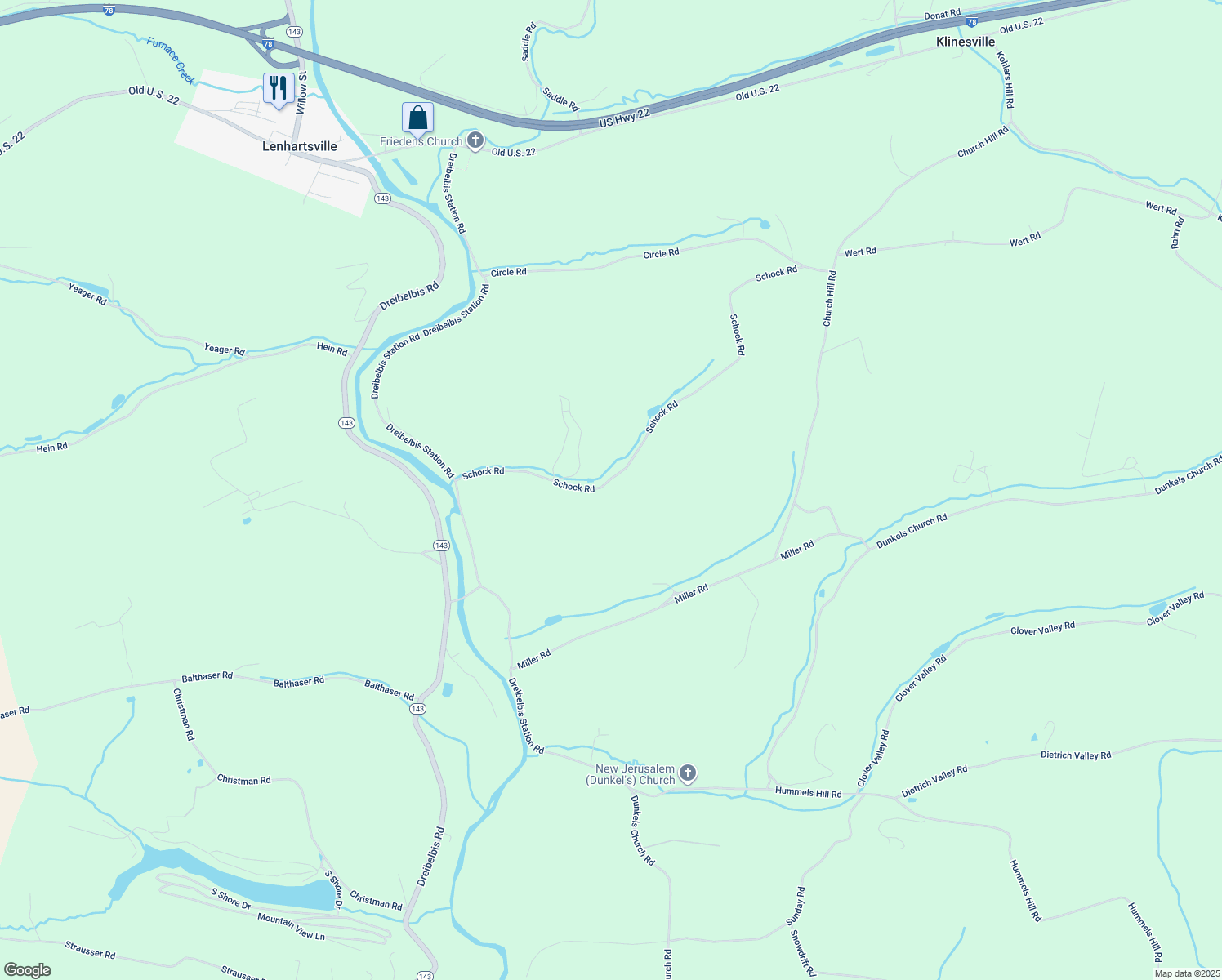 map of restaurants, bars, coffee shops, grocery stores, and more near 191 Schock Road in Lenhartsville