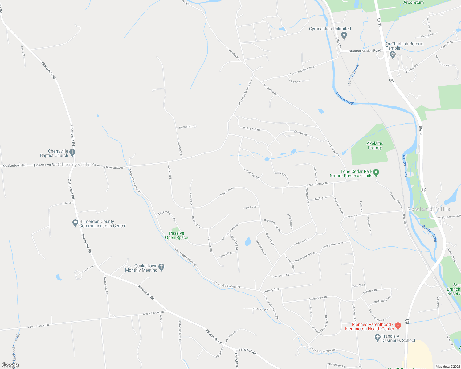 map of restaurants, bars, coffee shops, grocery stores, and more near 34 Rustic Trail in Flemington