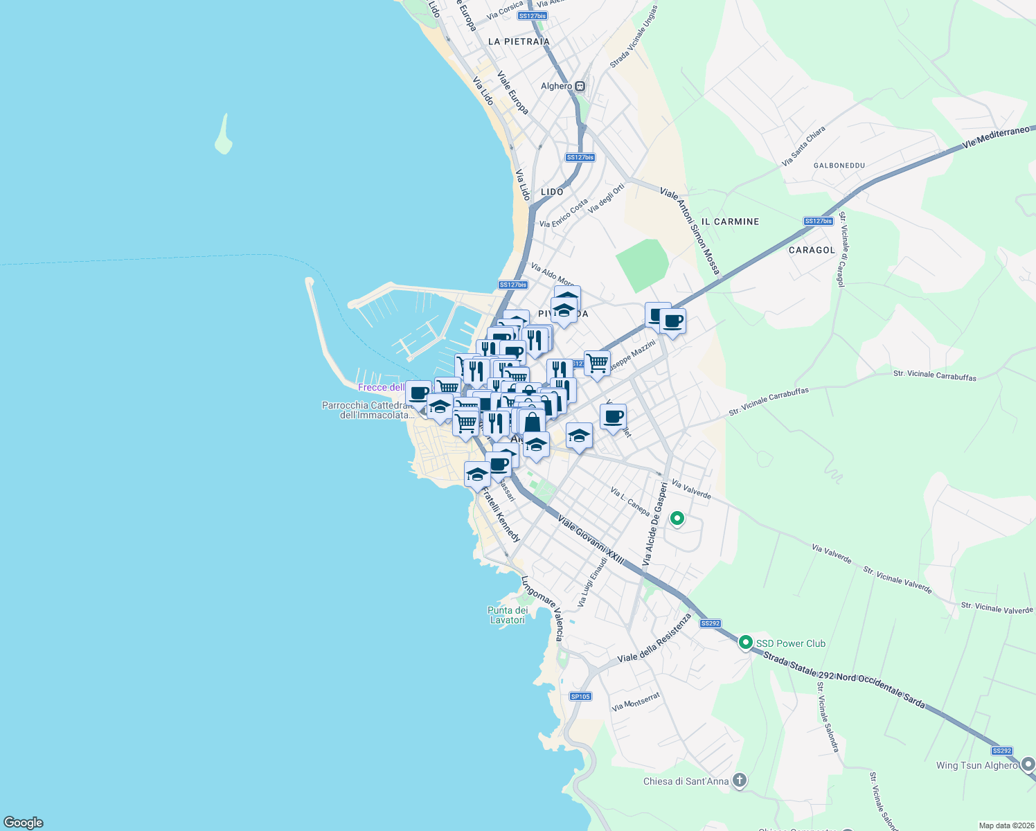 map of restaurants, bars, coffee shops, grocery stores, and more near 29 Via IV Novembre in Alghero