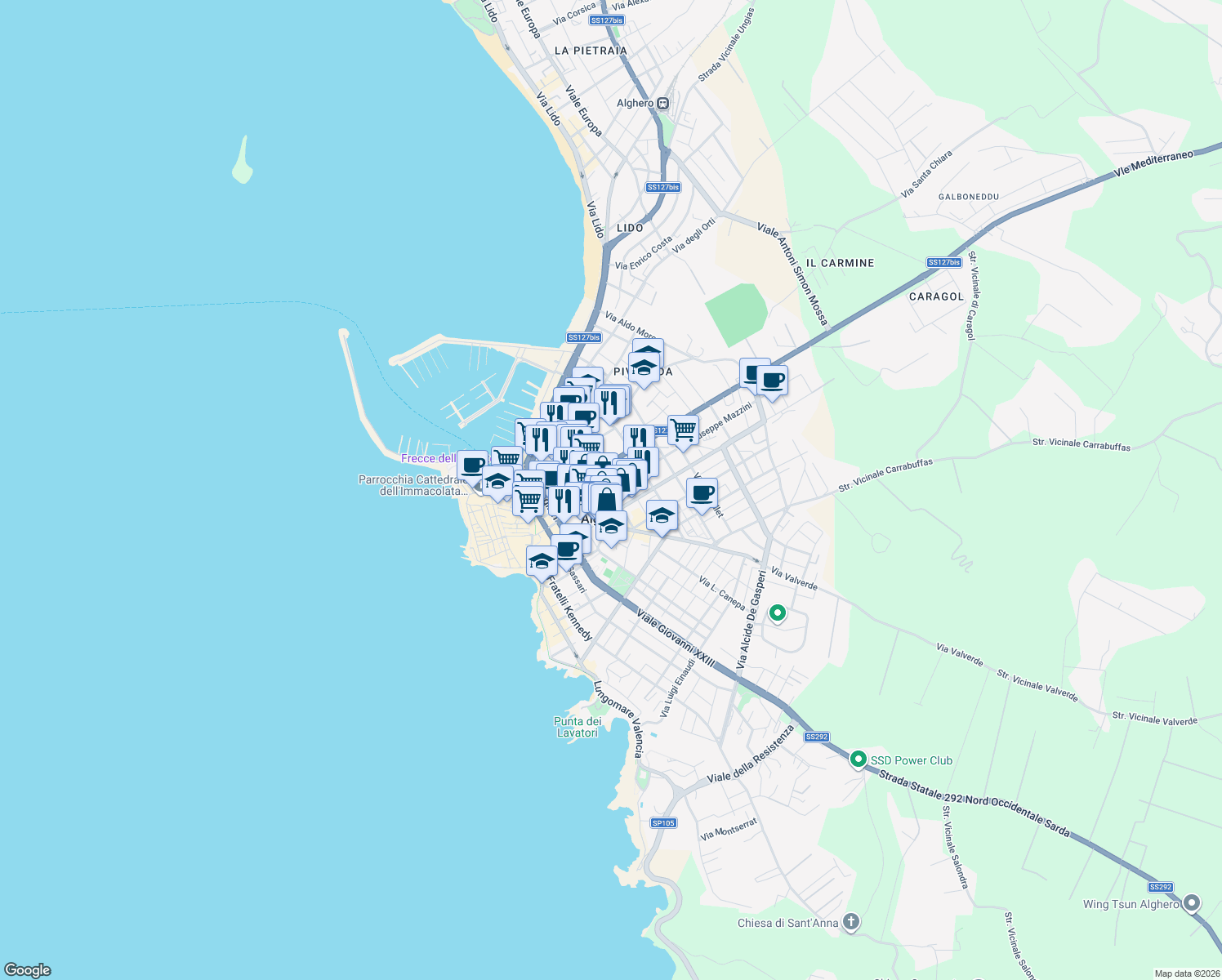 map of restaurants, bars, coffee shops, grocery stores, and more near 29 Via IV Novembre in Alghero