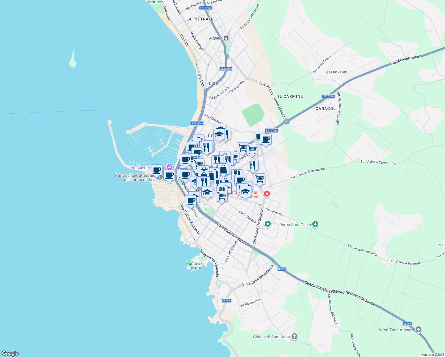 map of restaurants, bars, coffee shops, grocery stores, and more near 154 Via XX Settembre in Alghero