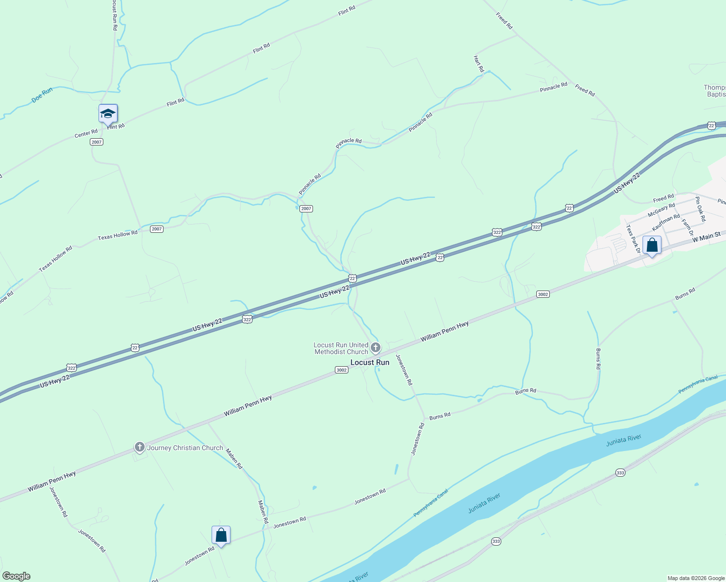 map of restaurants, bars, coffee shops, grocery stores, and more near 320 Locust Run Road in Thompsontown
