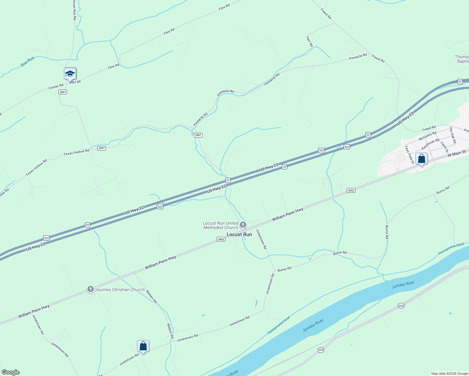 map of restaurants, bars, coffee shops, grocery stores, and more near 320 Locust Run Road in Thompsontown