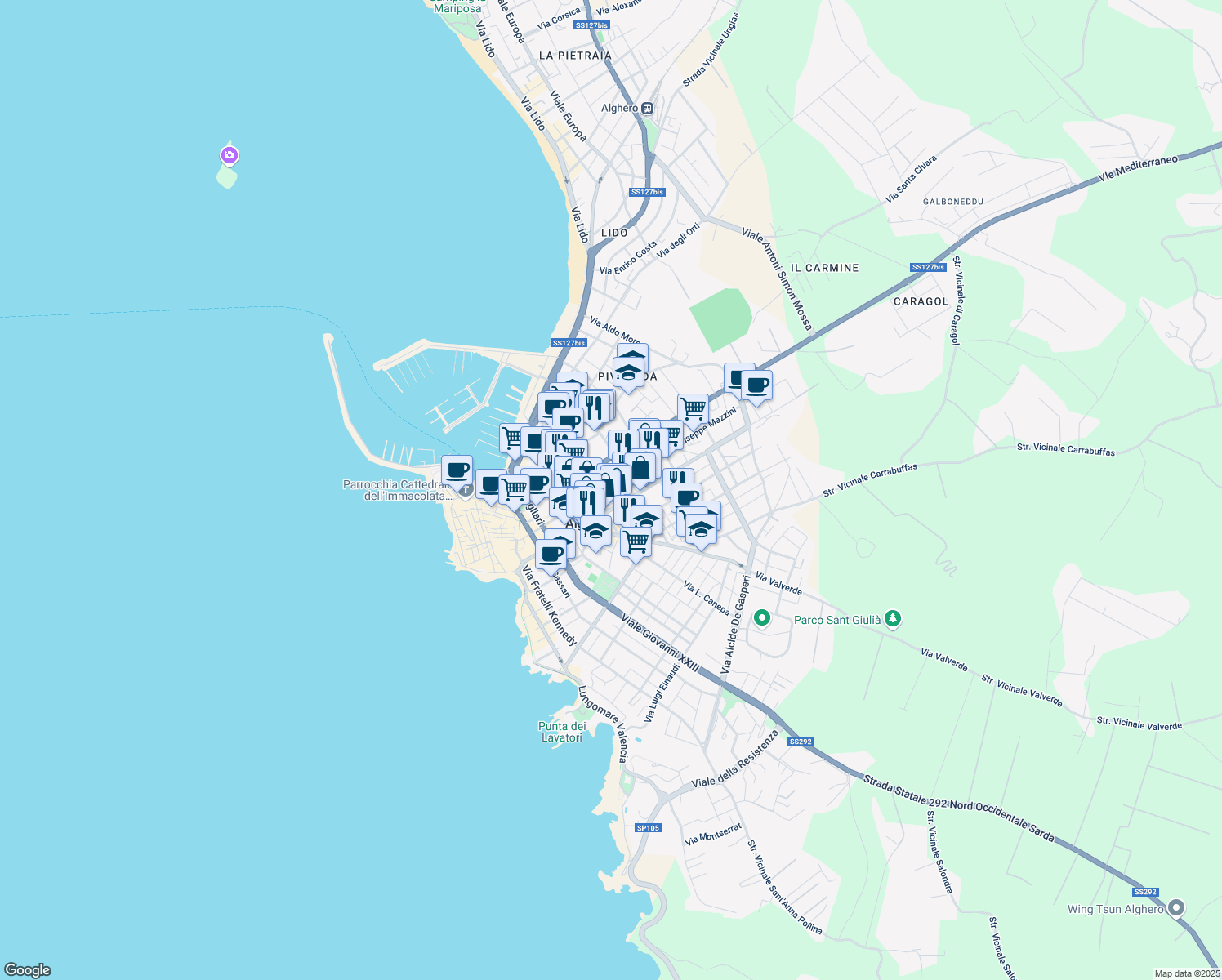 map of restaurants, bars, coffee shops, grocery stores, and more near 15 Via Brigata Sassari in Alghero