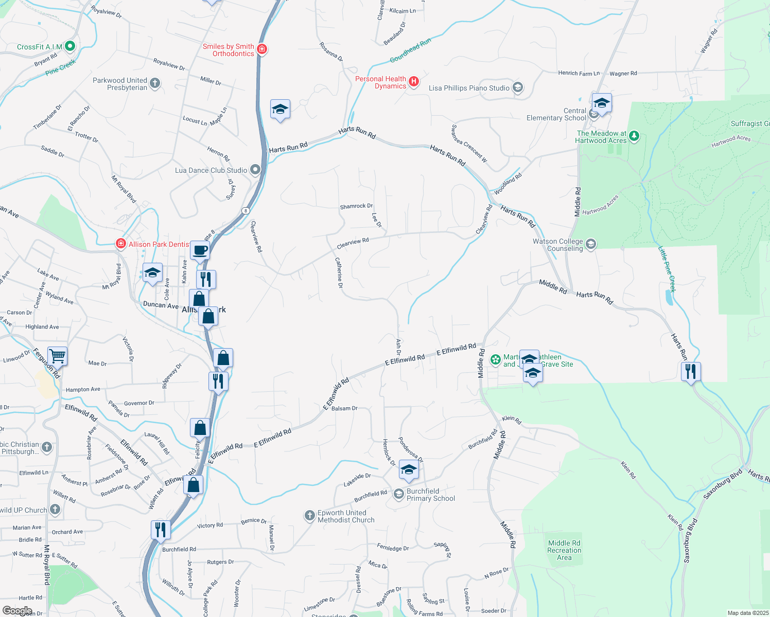 map of restaurants, bars, coffee shops, grocery stores, and more near 3897 Ash Drive in Hampton Township