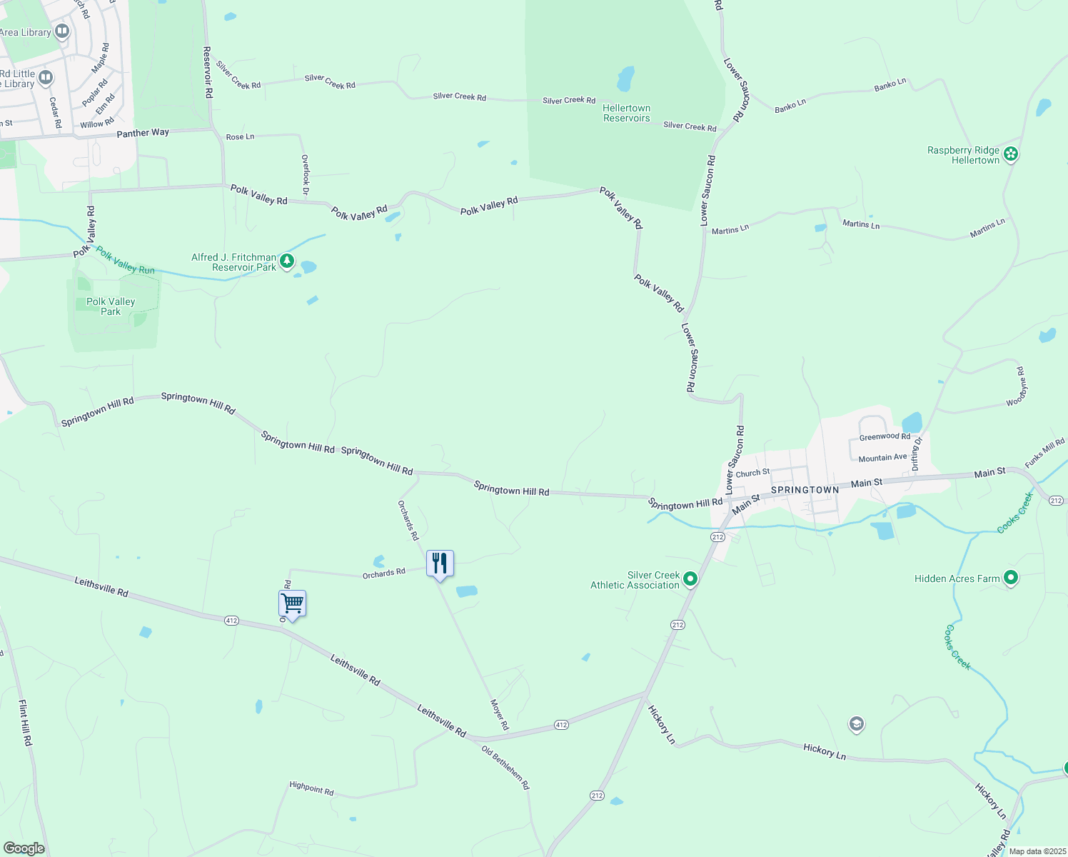 map of restaurants, bars, coffee shops, grocery stores, and more near 2351 Springtown Hill Road in Hellertown
