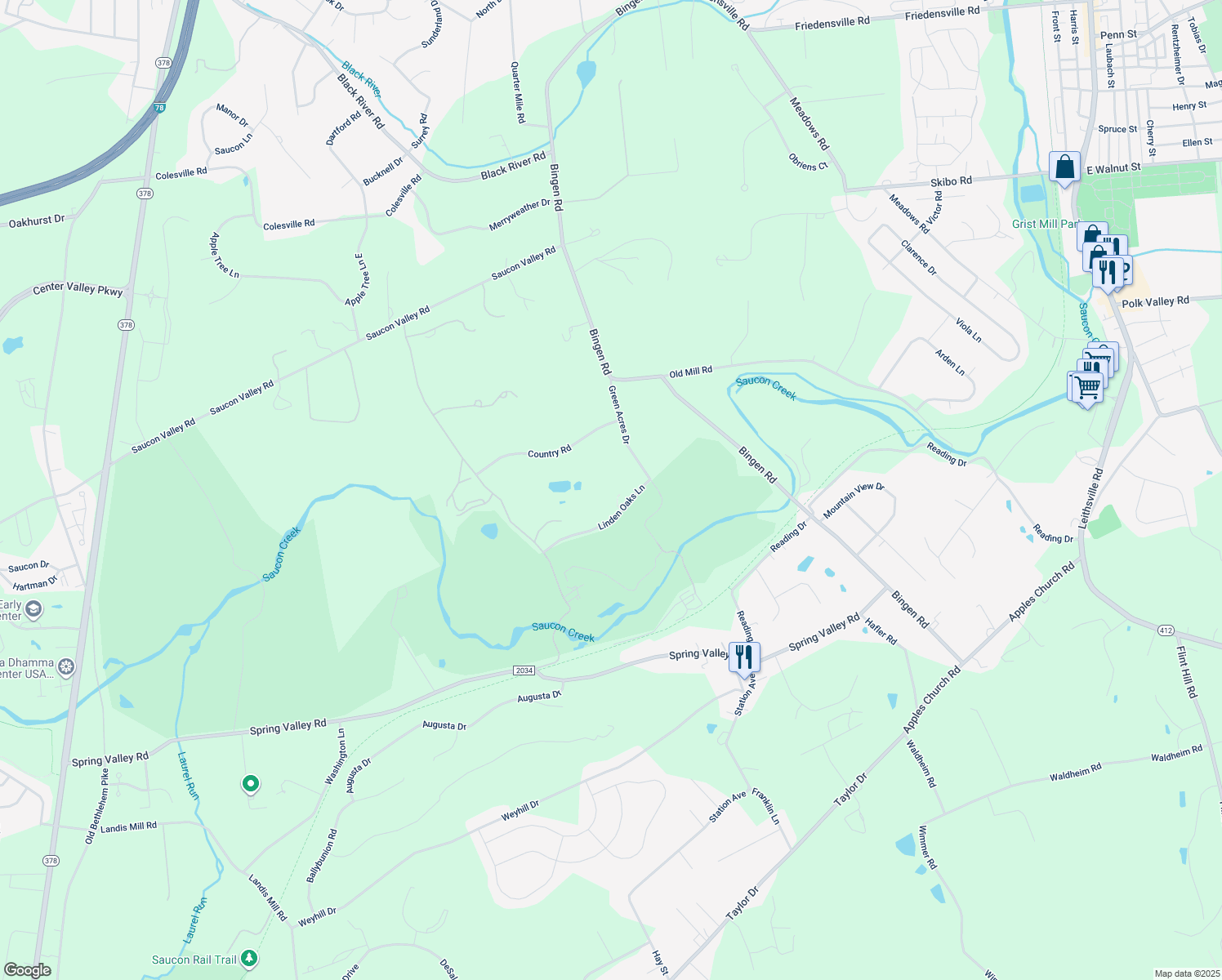 map of restaurants, bars, coffee shops, grocery stores, and more near 1661 Linden Oaks Ln in Bethlehem