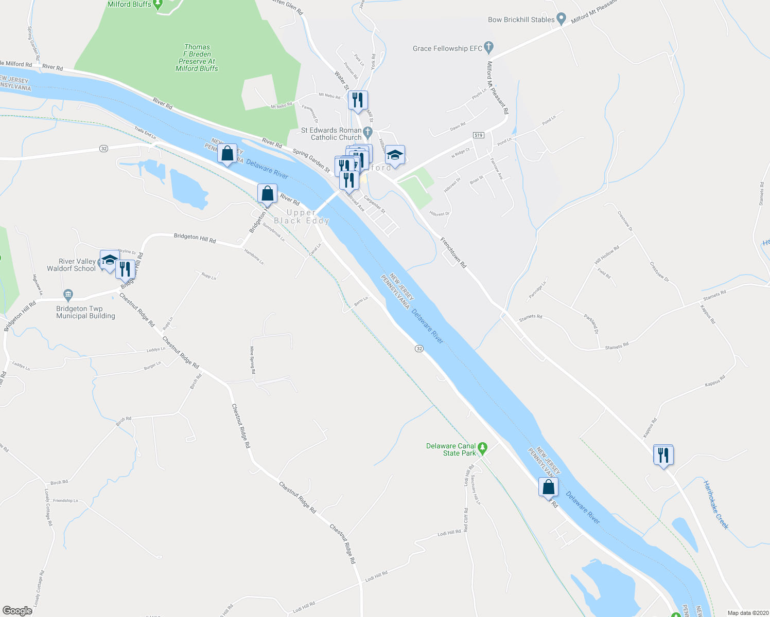 map of restaurants, bars, coffee shops, grocery stores, and more near 1428 River Road in Upper Black Eddy