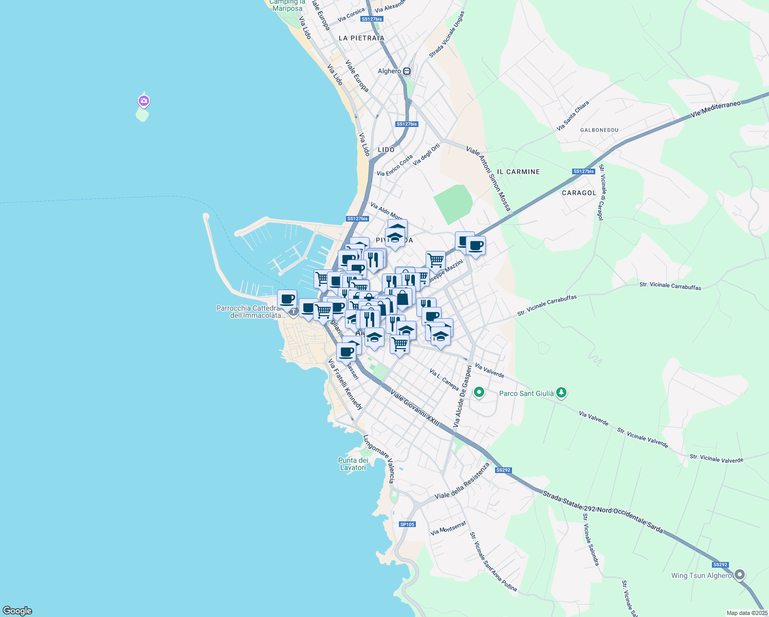 map of restaurants, bars, coffee shops, grocery stores, and more near 15 Via Brigata Sassari in Alghero