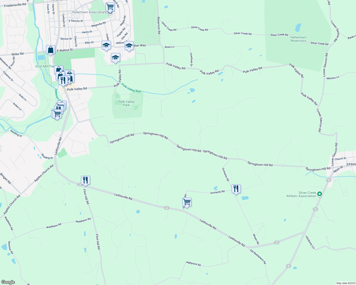 map of restaurants, bars, coffee shops, grocery stores, and more near 2189 Springtown Hill Rd in Hellertown
