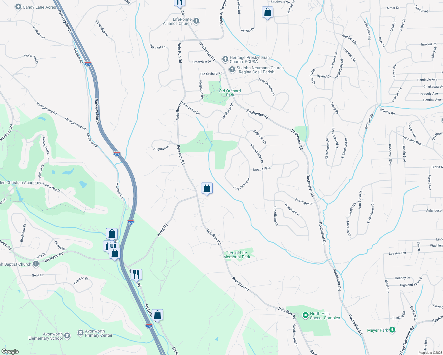 map of restaurants, bars, coffee shops, grocery stores, and more near 1621 King James Drive in Pittsburgh