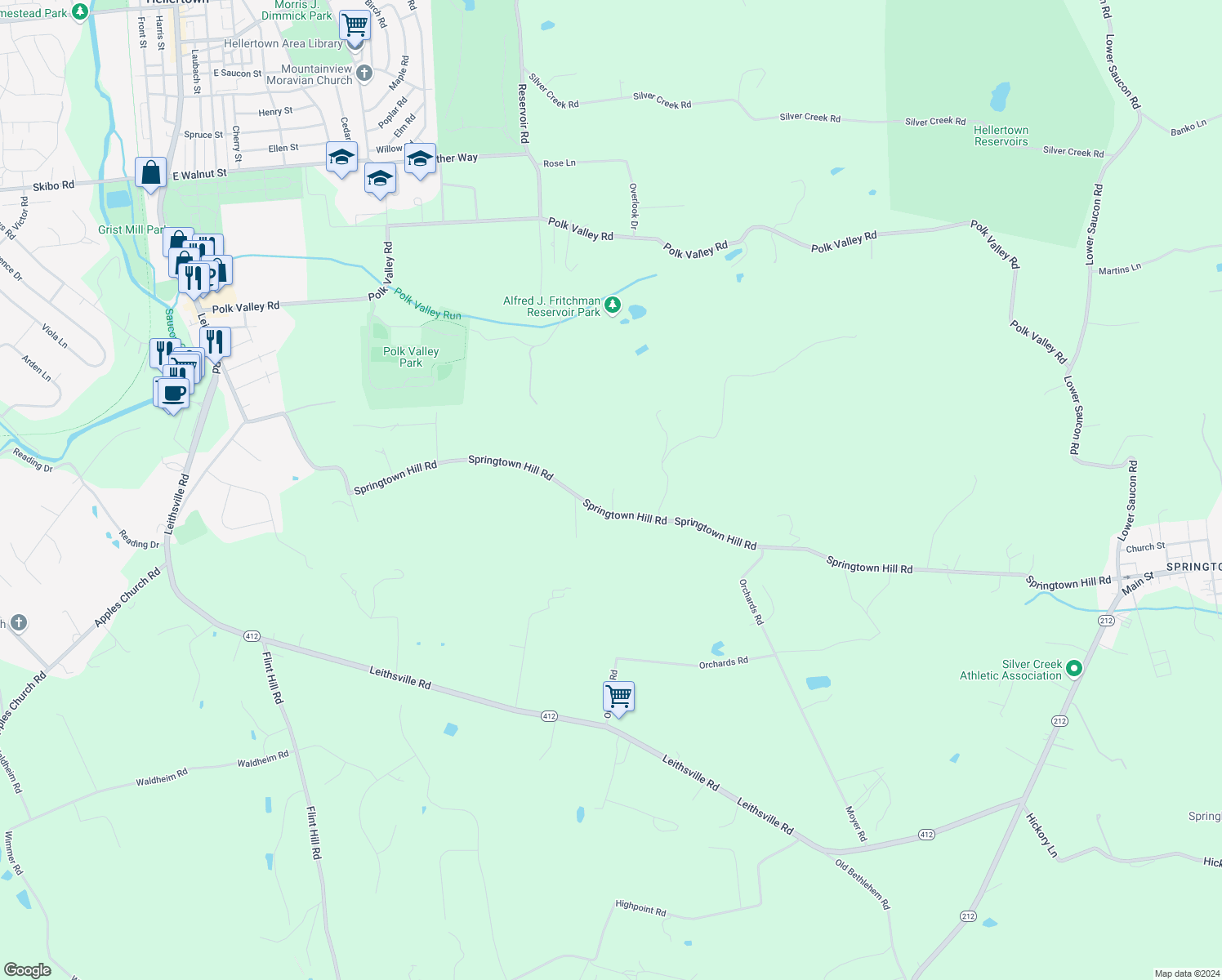 map of restaurants, bars, coffee shops, grocery stores, and more near 2203 Springtown Hill Rd in Hellertown