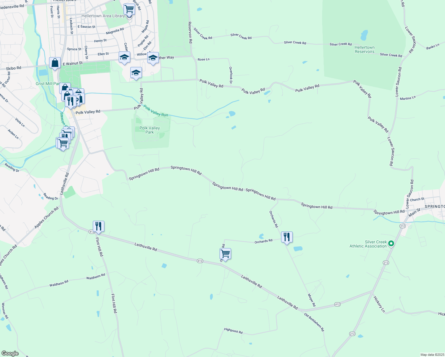 map of restaurants, bars, coffee shops, grocery stores, and more near 2203 Springtown Hill Rd in Hellertown