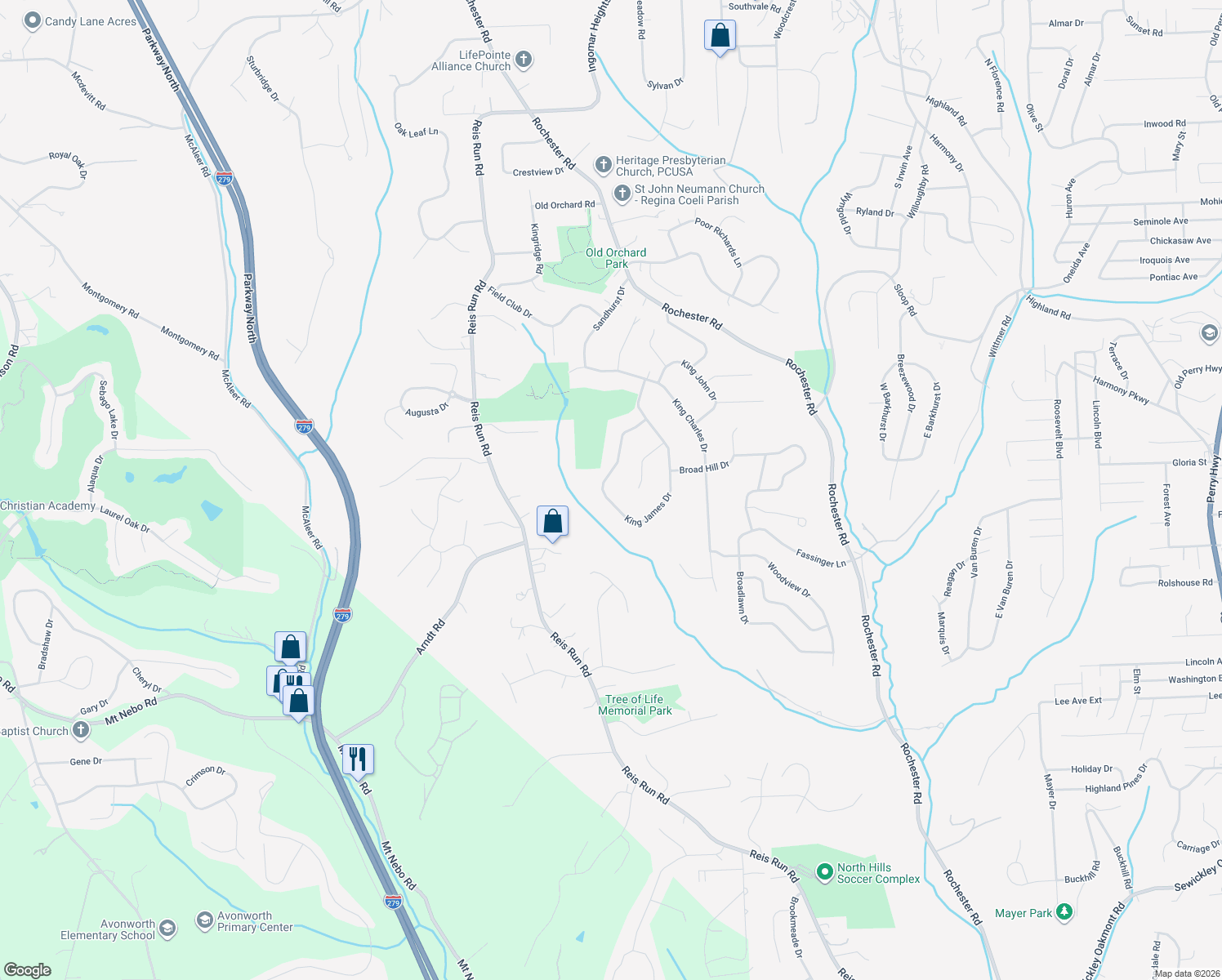 map of restaurants, bars, coffee shops, grocery stores, and more near 1621 King James Drive in Pittsburgh