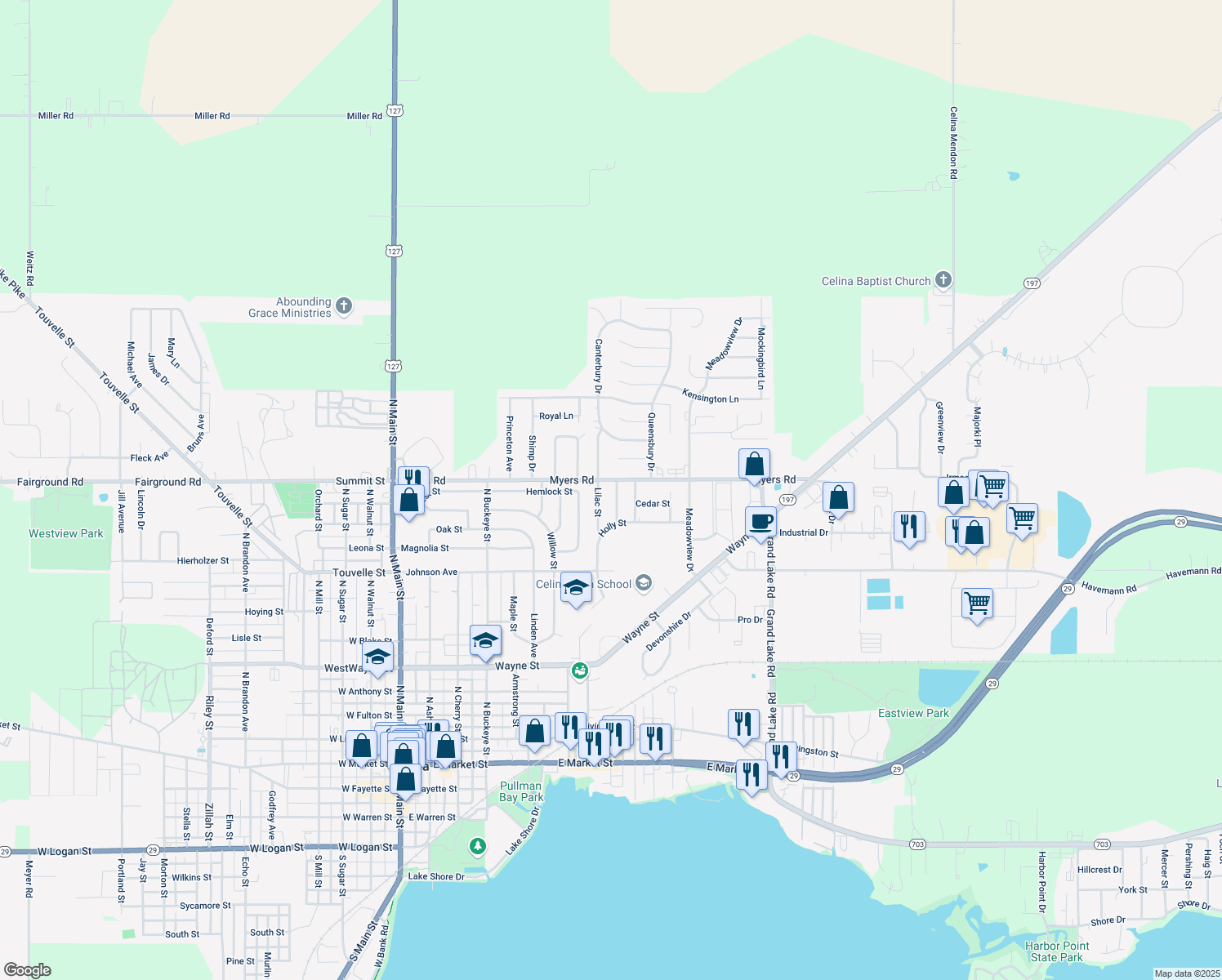 map of restaurants, bars, coffee shops, grocery stores, and more near 1013 Clover Ln in Celina