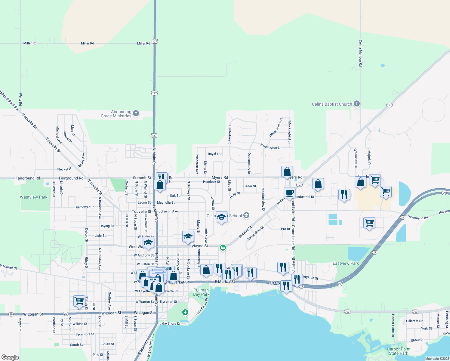 map of restaurants, bars, coffee shops, grocery stores, and more near 844 Hemlock St in Celina