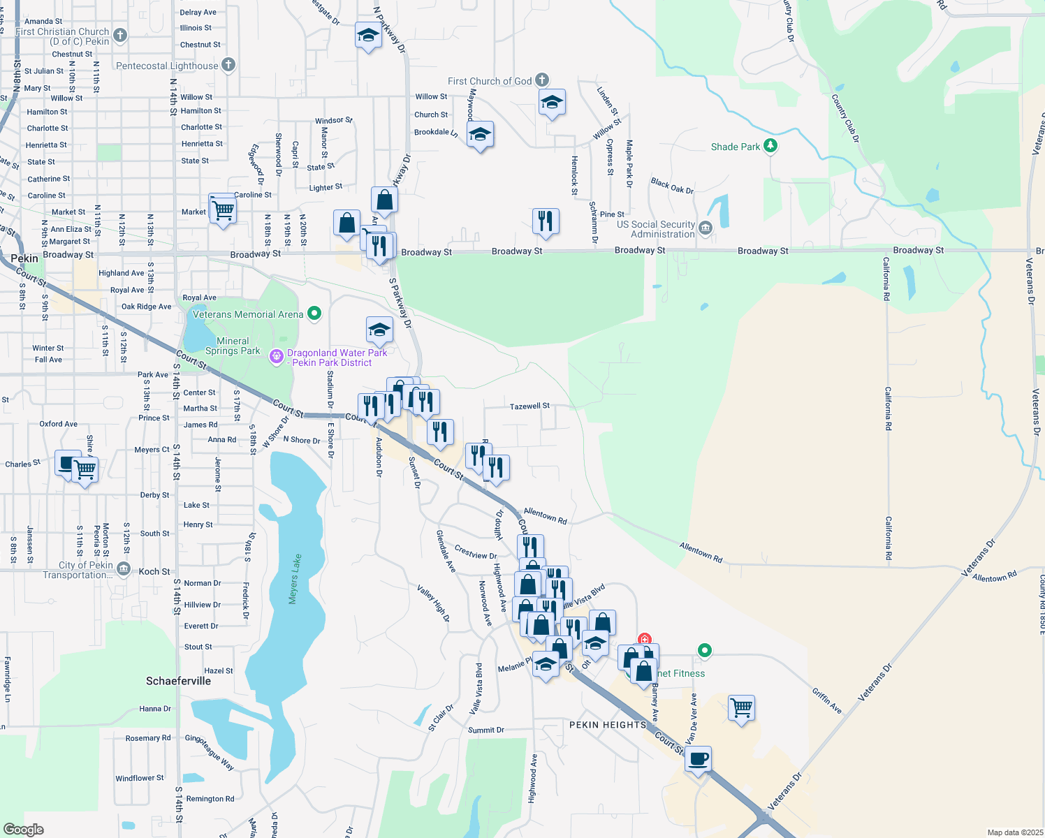 map of restaurants, bars, coffee shops, grocery stores, and more near 15 Briarcliff Ct in Pekin