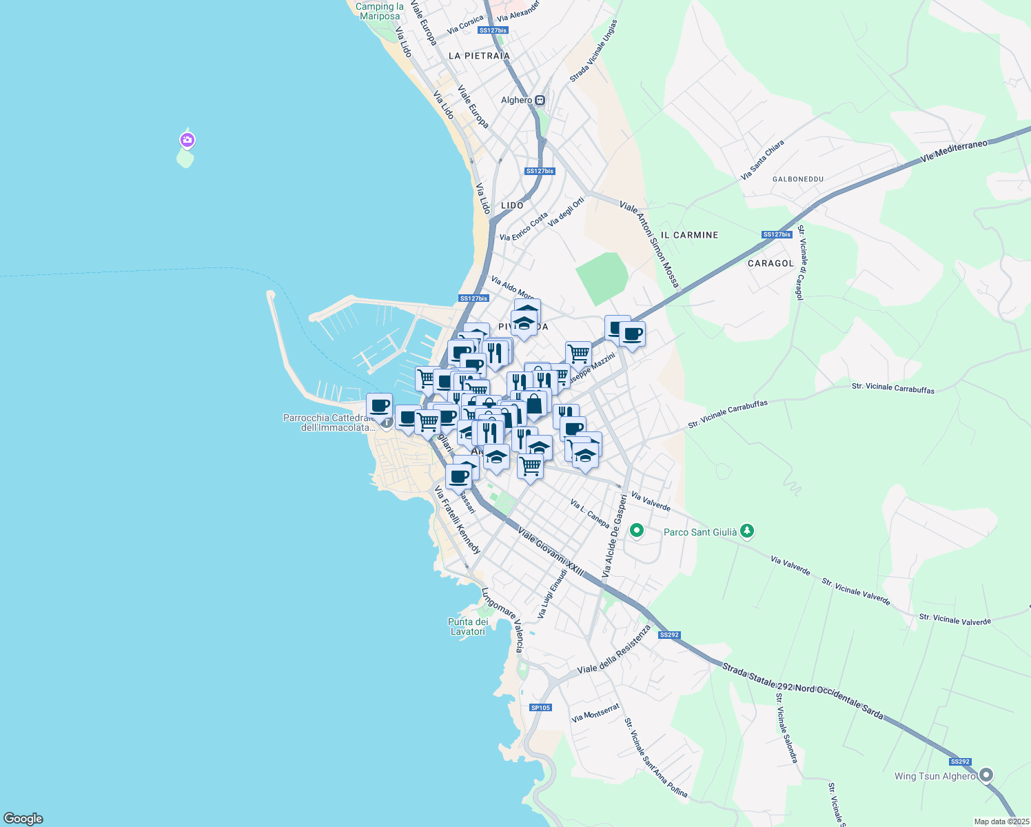 map of restaurants, bars, coffee shops, grocery stores, and more near 15 Via Brigata Sassari in Alghero