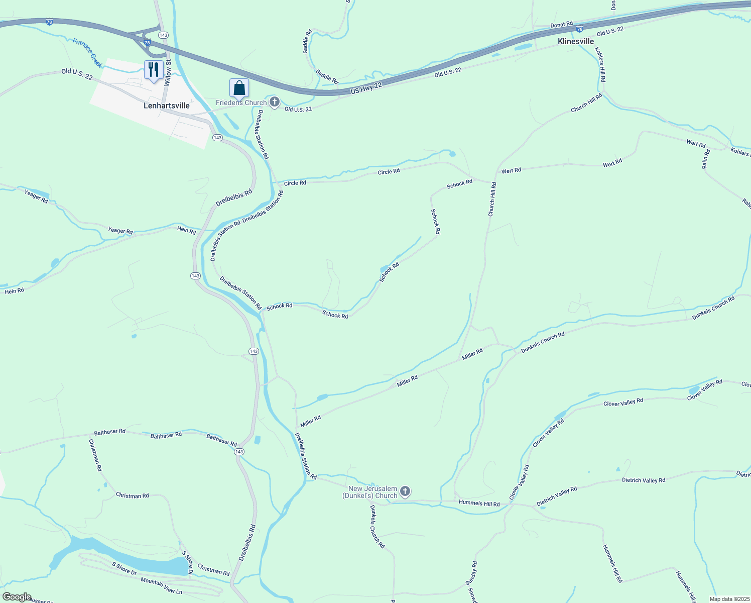 map of restaurants, bars, coffee shops, grocery stores, and more near 182 Schock Road in Lenhartsville