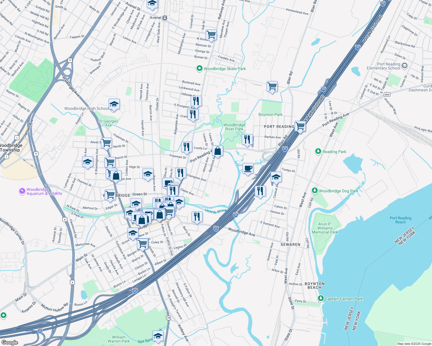 map of restaurants, bars, coffee shops, grocery stores, and more near 576 Watson Ave in Woodbridge Township