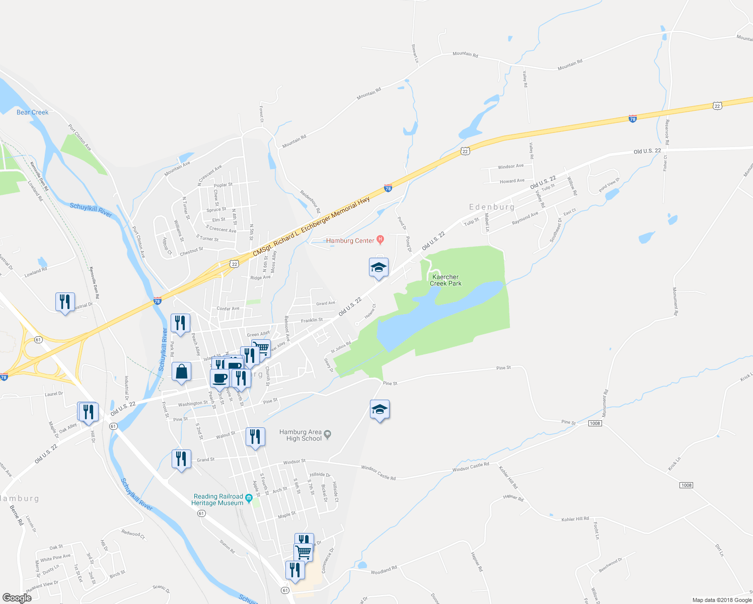 map of restaurants, bars, coffee shops, grocery stores, and more near 23 Helene Court in Hamburg