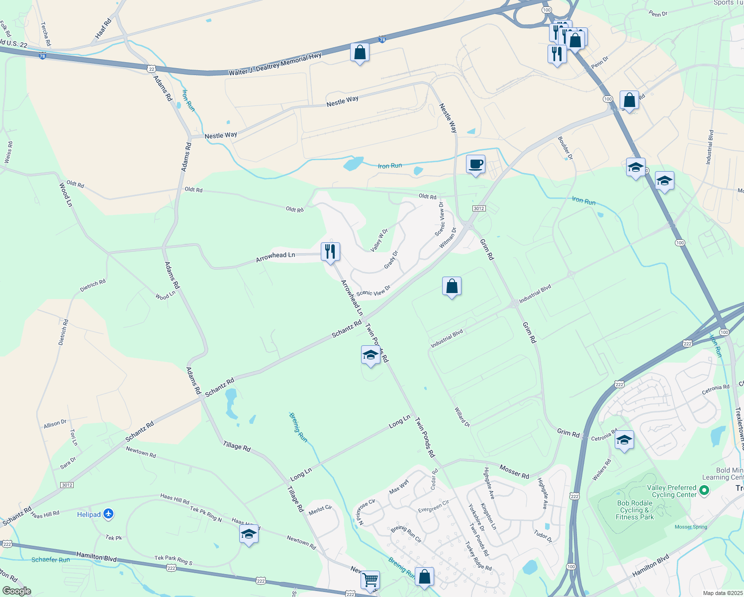 map of restaurants, bars, coffee shops, grocery stores, and more near 8470 Scenic View Dr in Breinigsville