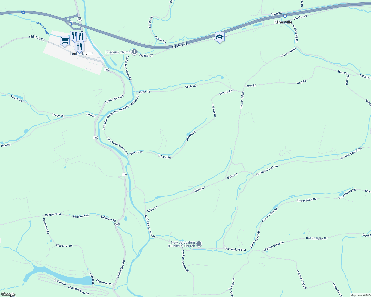 map of restaurants, bars, coffee shops, grocery stores, and more near 182 Schock Road in Lenhartsville
