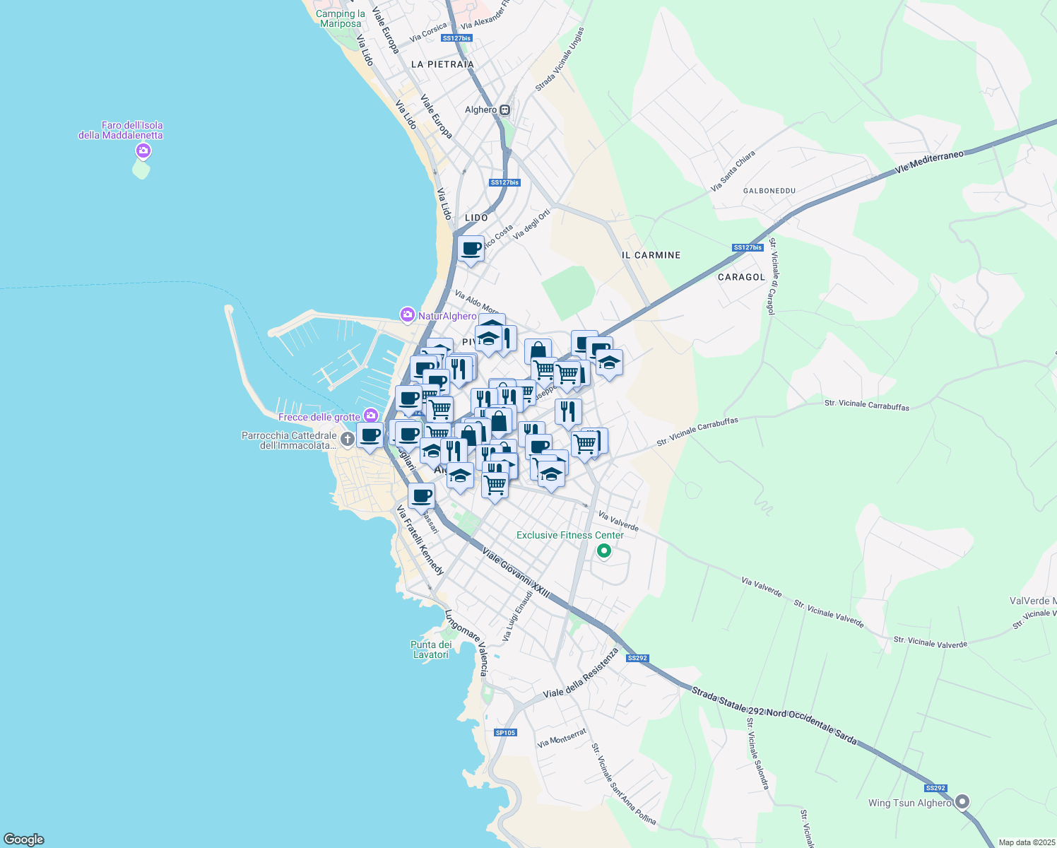 map of restaurants, bars, coffee shops, grocery stores, and more near 153 Via XX Settembre in Alghero