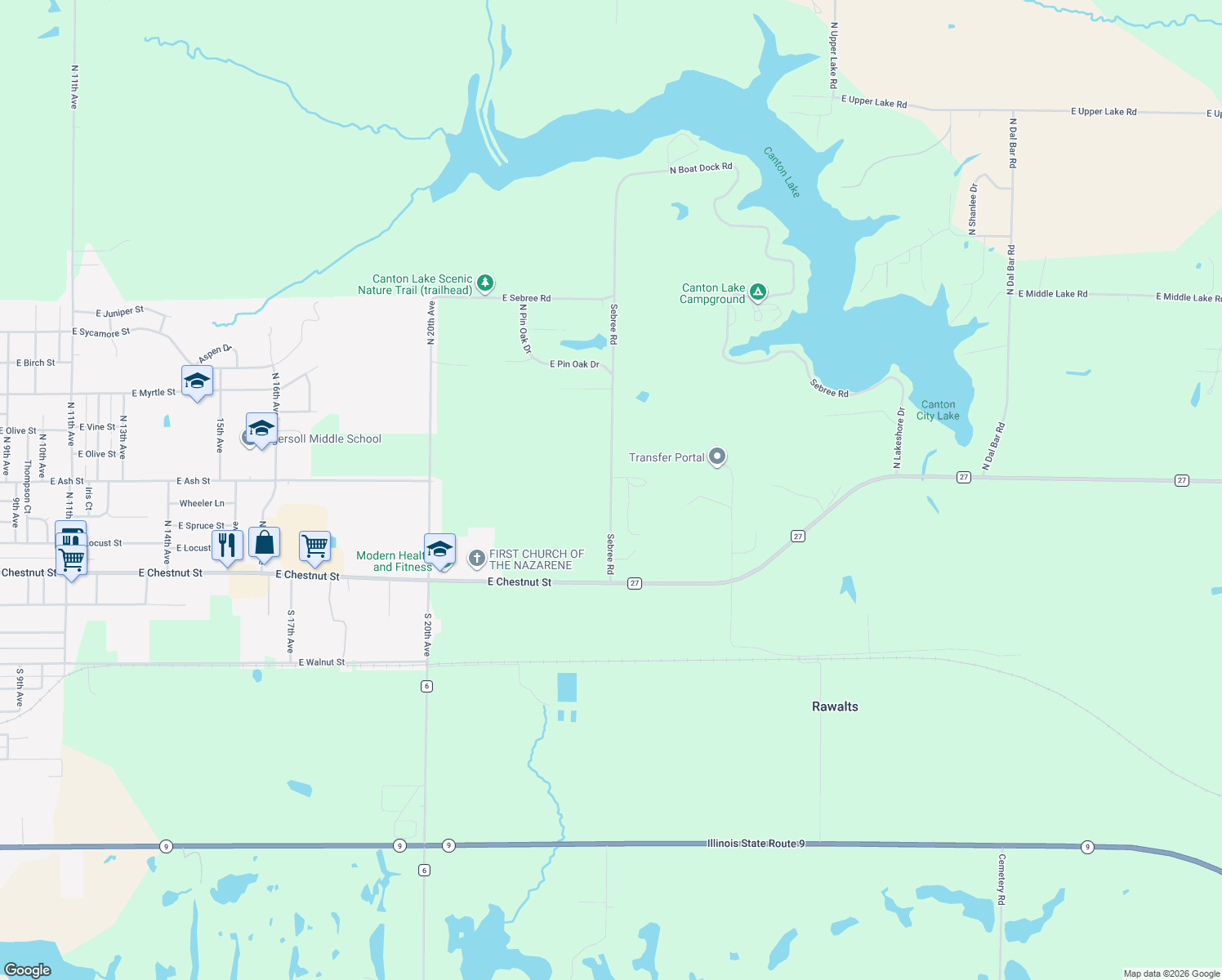 map of restaurants, bars, coffee shops, grocery stores, and more near 25474 N Boat Dock Rd in Canton
